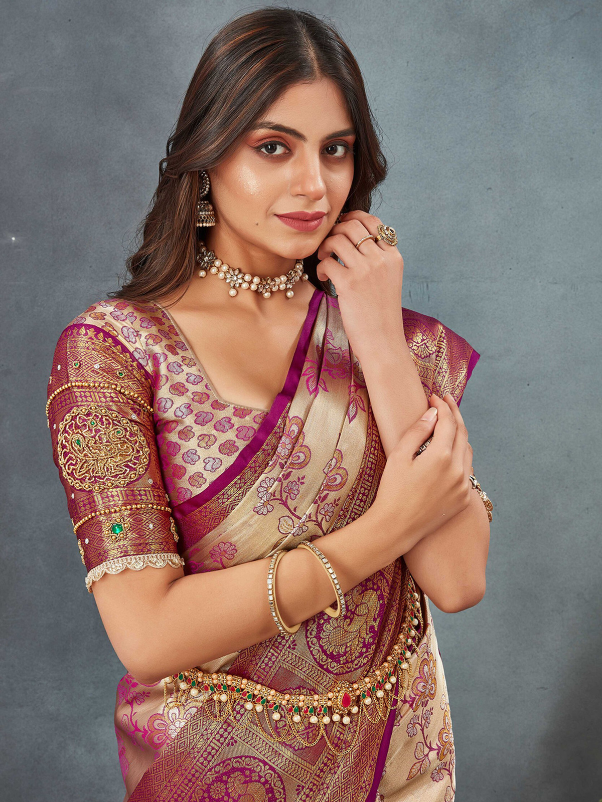 Purple & Gold Dharmavaram Silk Blend Saree with Zari Woven Border