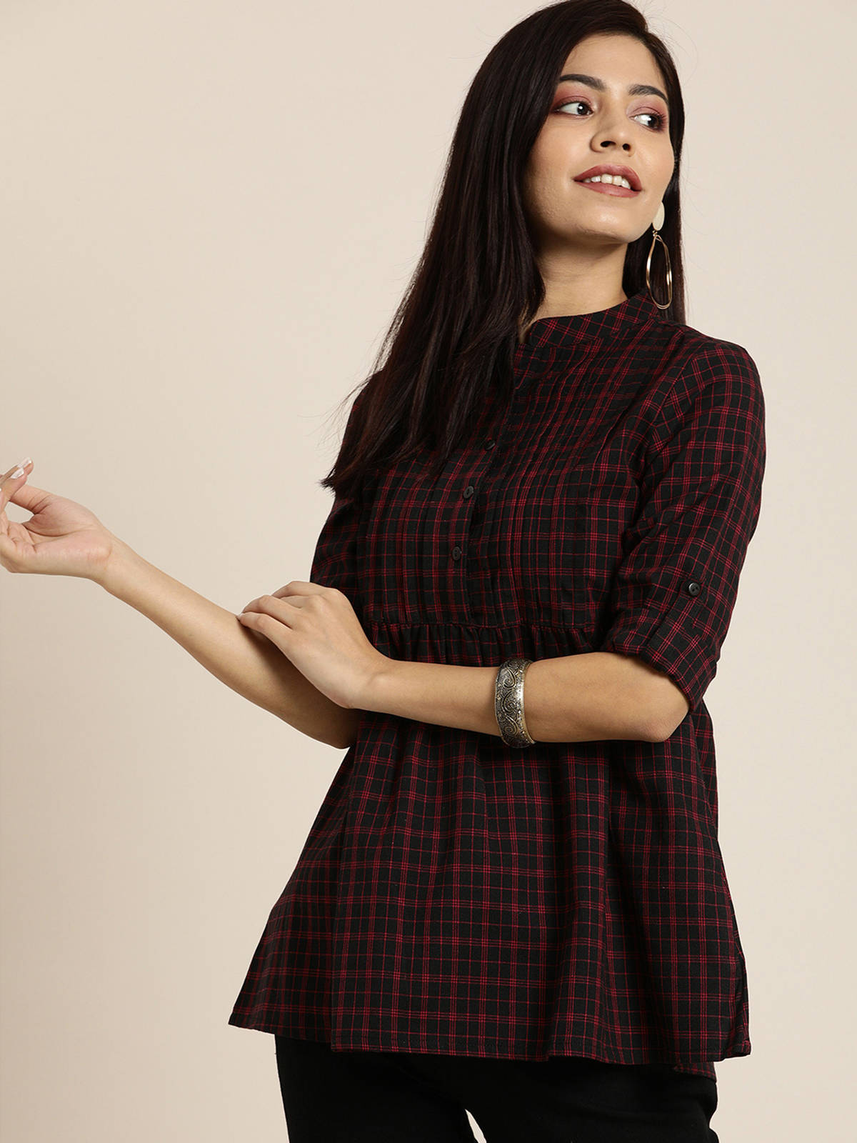 Women’s Black & Red Checked A-Line Top AROMIE.STORE