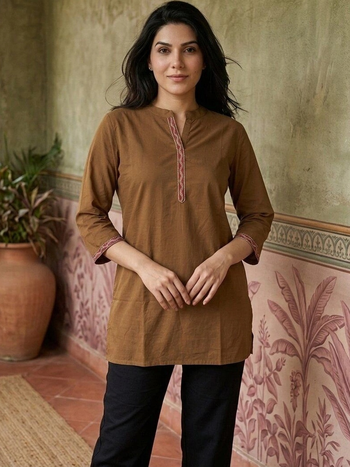 Women’s Brown Embroidered Rayon Kurti AROMIE.STORE