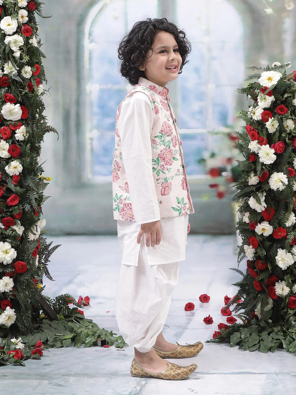 Baby Pink Floral Butterfly Nehru Jacket with Cotton Kurta Dhoti Set