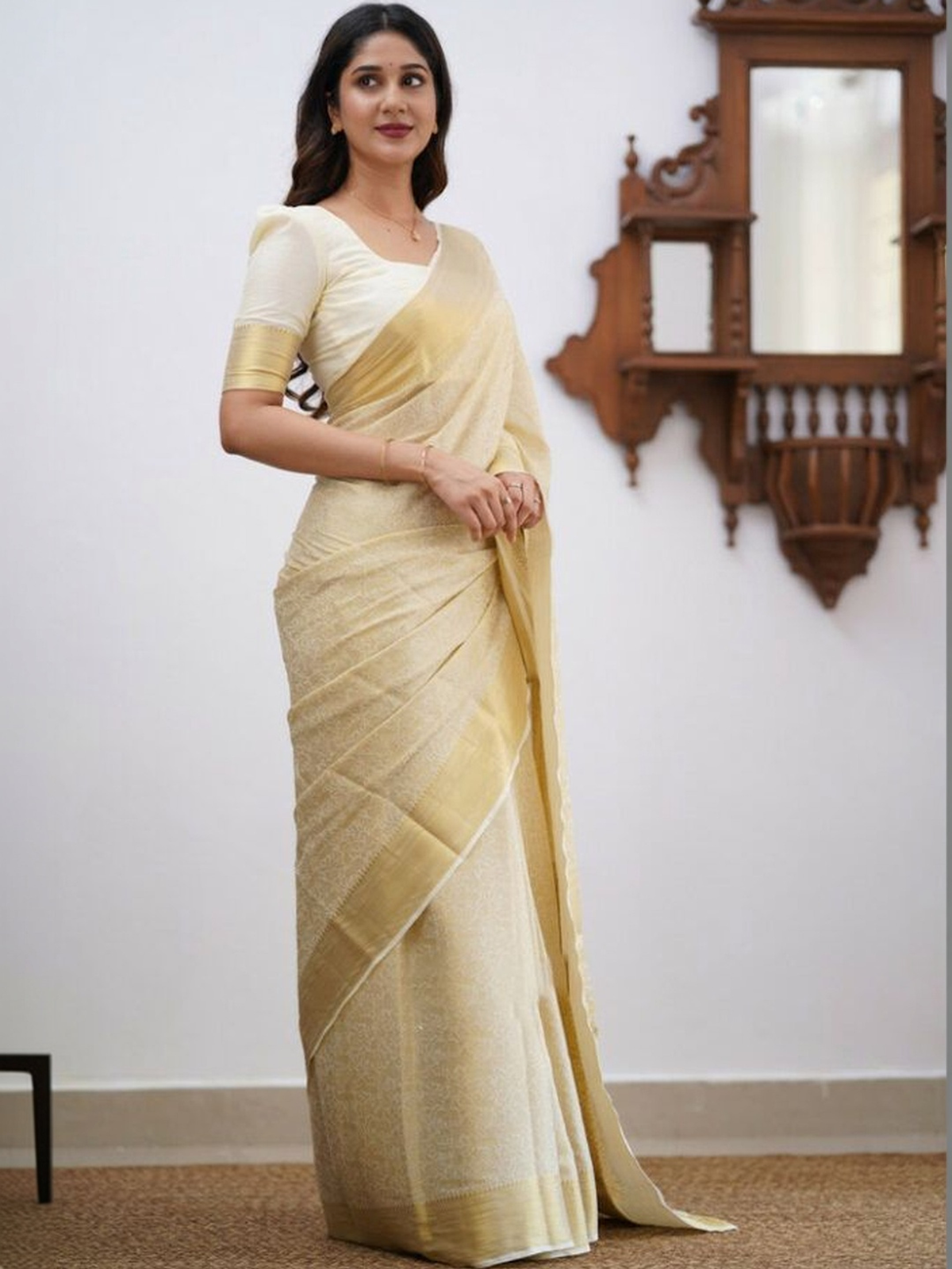 Cream Banarasi Zari Silk Saree with Woven Design & Zari Border