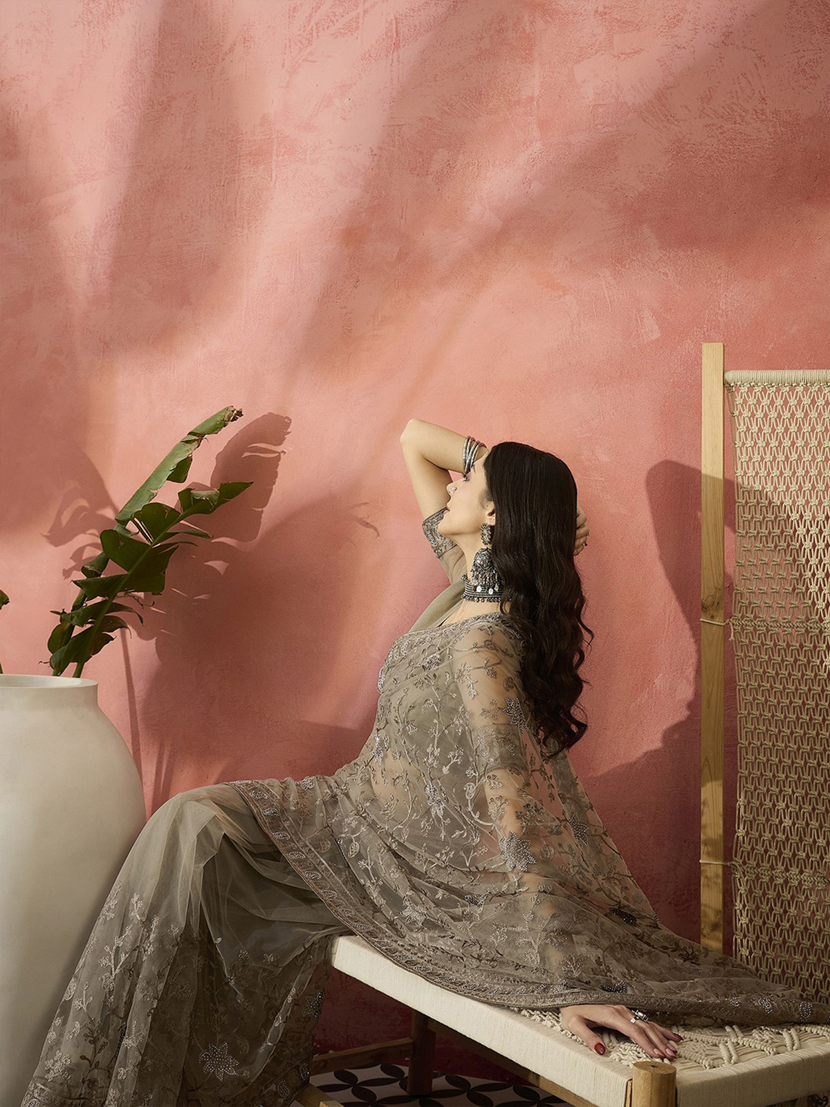 Beige Embroidered Net Saree with Embroidered Border & Blouse Piece