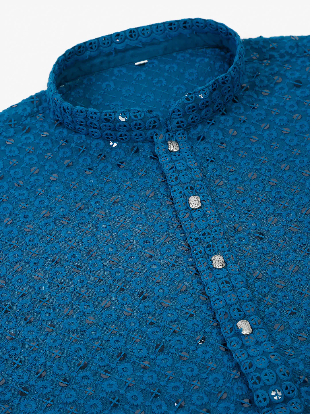 Men Blue Chikankari Embroidered and Sequence Kurta Only