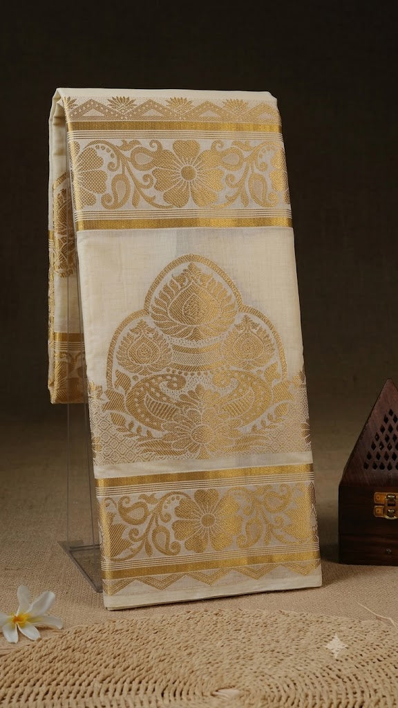 Kerala  Cream Cotton Kasavu Saree with geometric motif