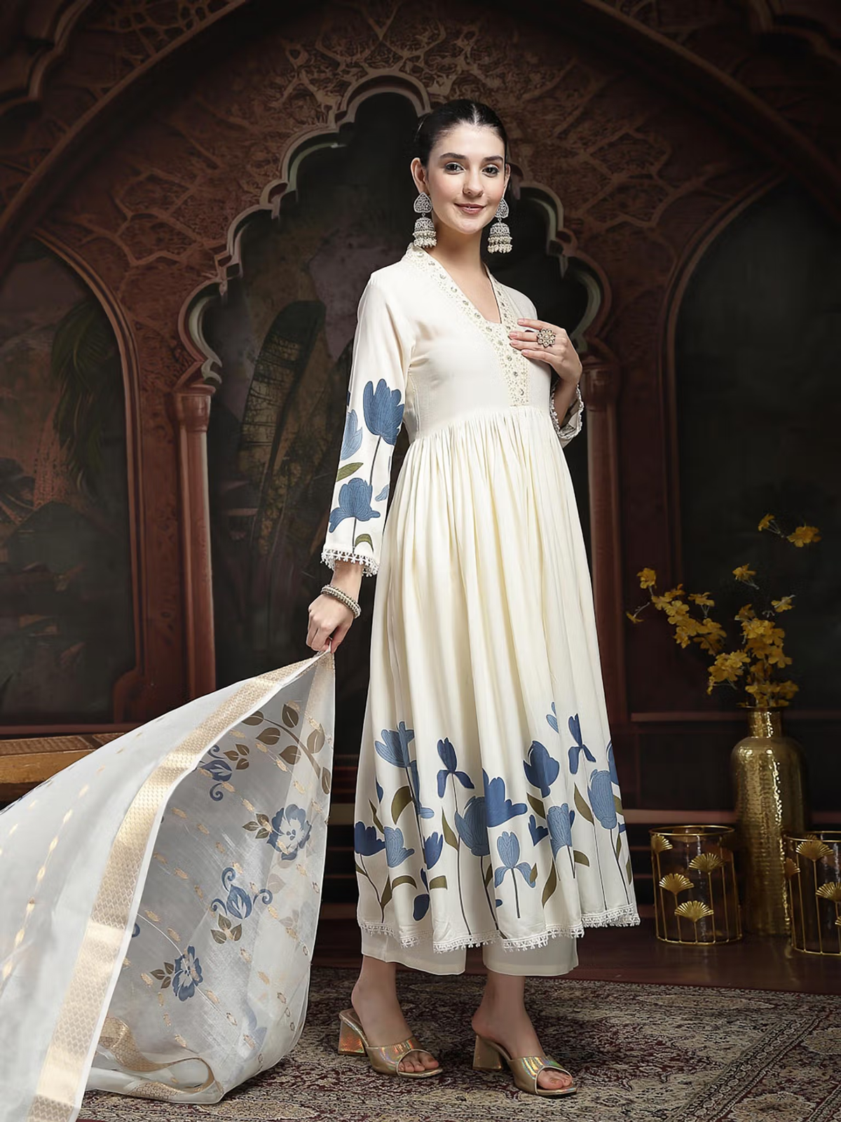 Off-White Printed A-Line Kurta Trouser Set with Dupatta