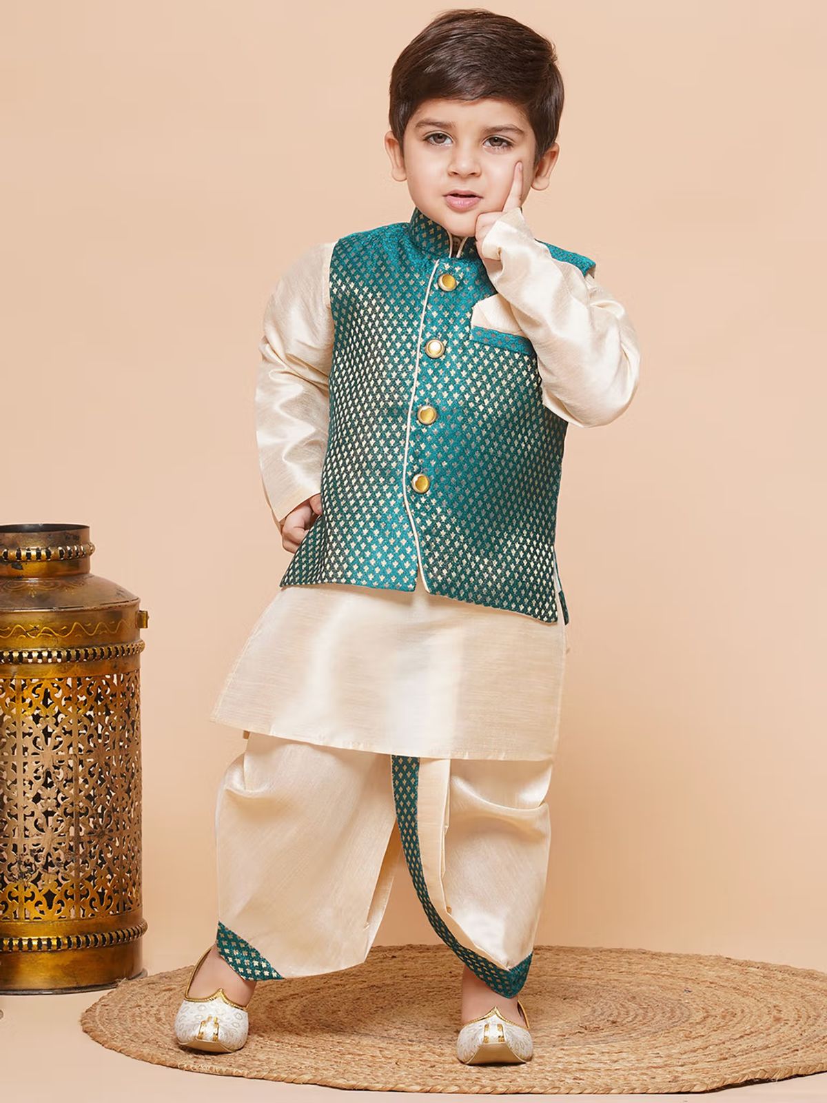 Self Design Raw Silk Dhoti Kurta for Boys with Waistcoat Green (Set of 3)