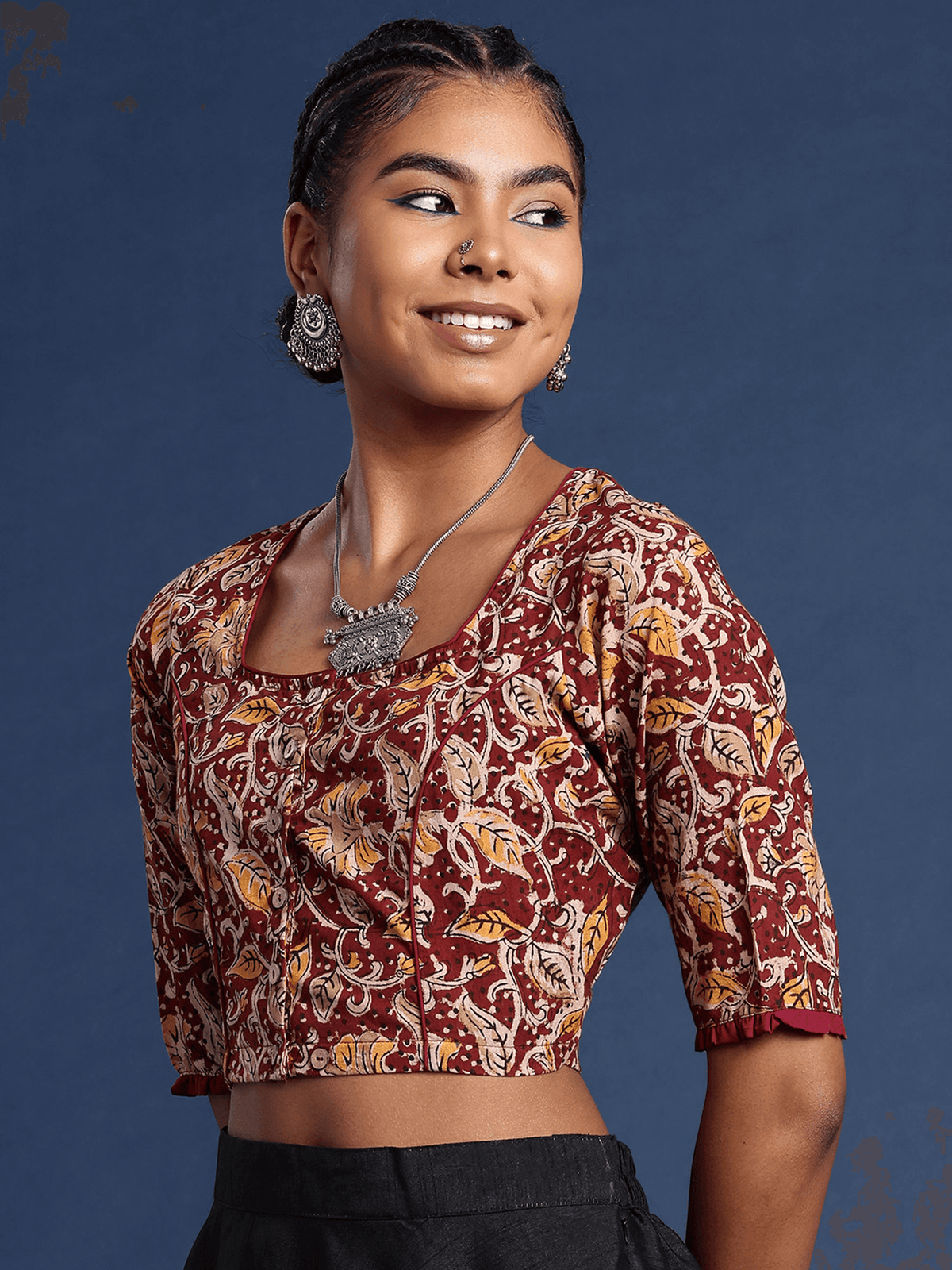 Kalamkari Hand Block Printed Cotton Non Padded Saree Blouse
