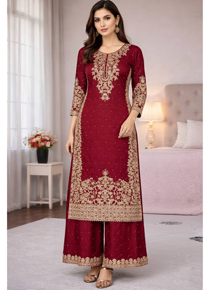 Maroon Jimmy Silk Embroidered Palazzo Suit