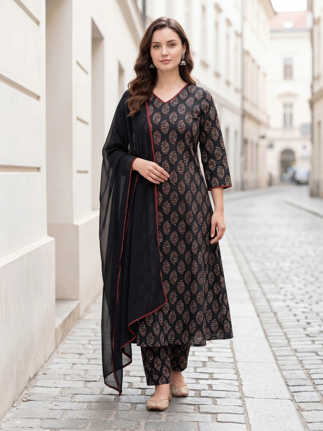 Woman in a black and patterned outfit walking down a street.