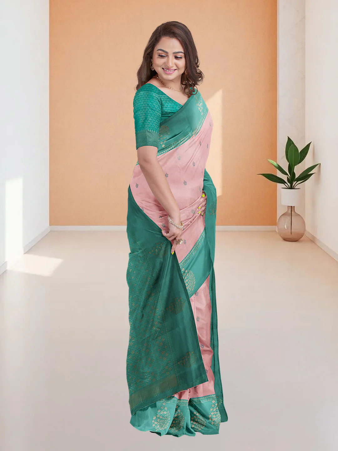 Women Copper with Green Art Silk Saree