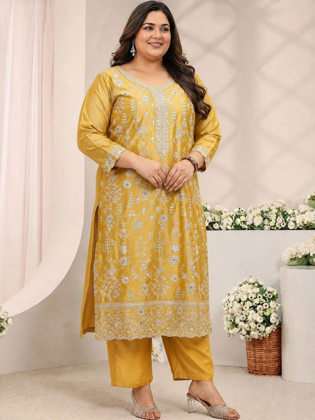 Mustard Yellow Embroidered Kurta Set with Palazzos & Dupatta aromie