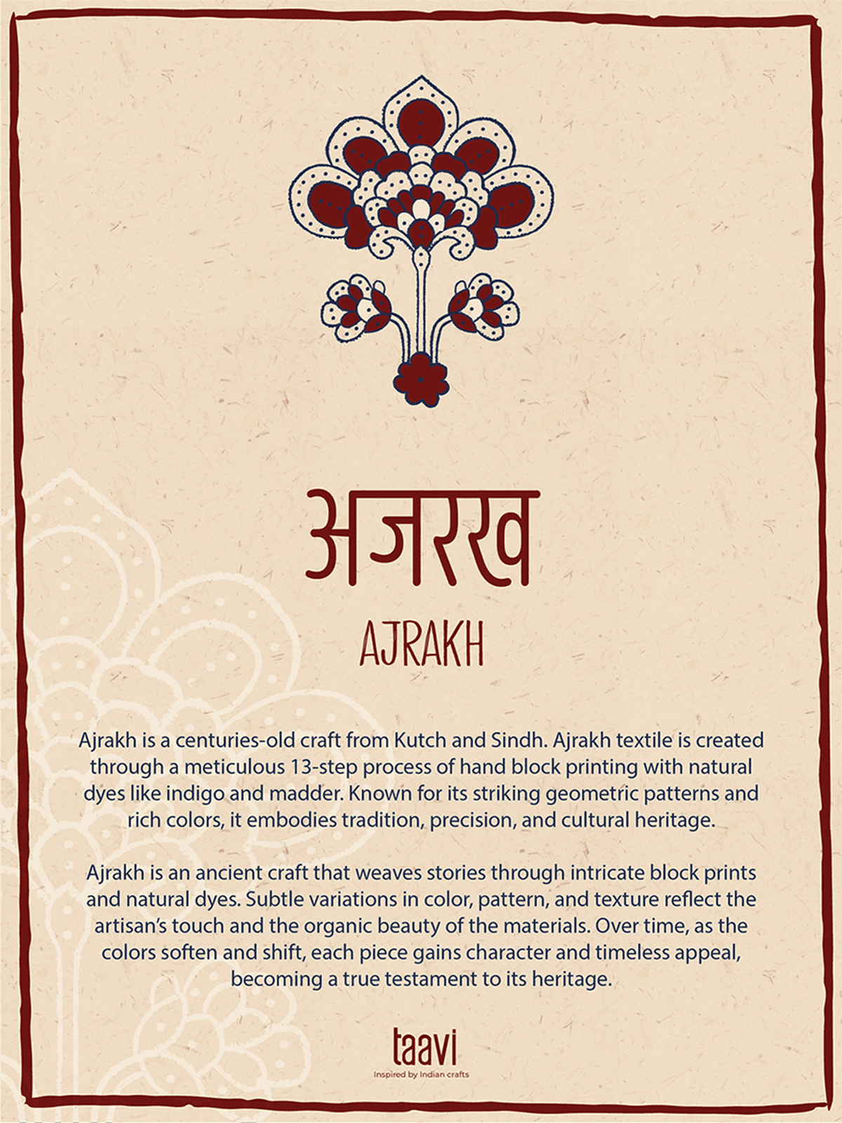 A vintage-style art print poster titled 'AJRAKH' with a decorative floral emblem at the top, featuring descriptive text about the Ajrakh craft on a beige background with a dark red border.