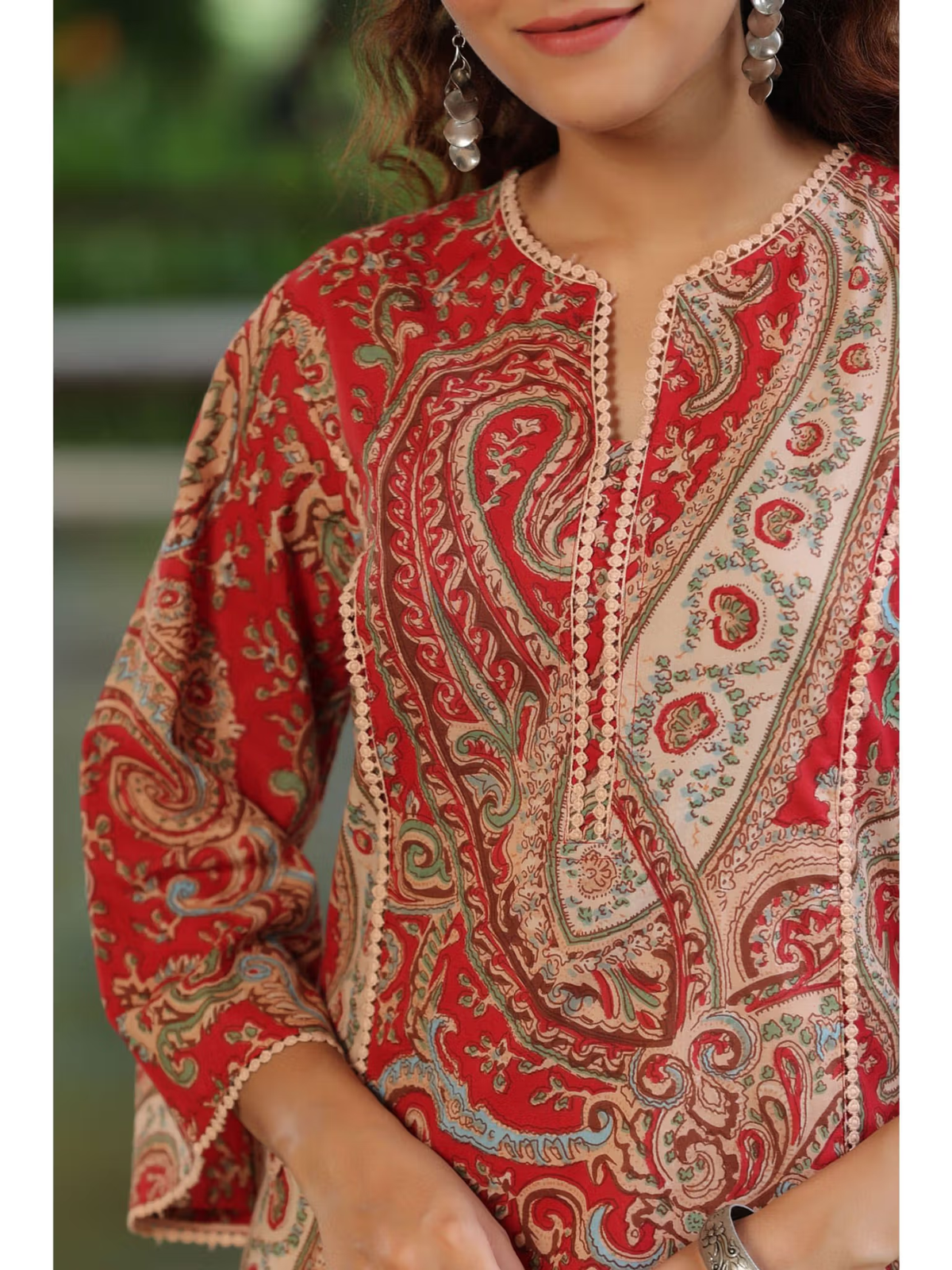Aromie red paisley printed single piece kurta with scalloped neckline and three quarter sleeves floral rayon jumpsuit for women