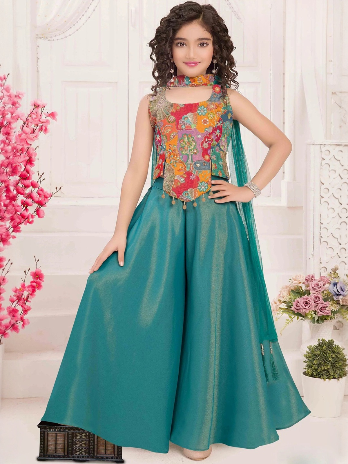 Girls Ethnic Motifs Embroidered A-Line Kurta with Palazzos & Dupatta