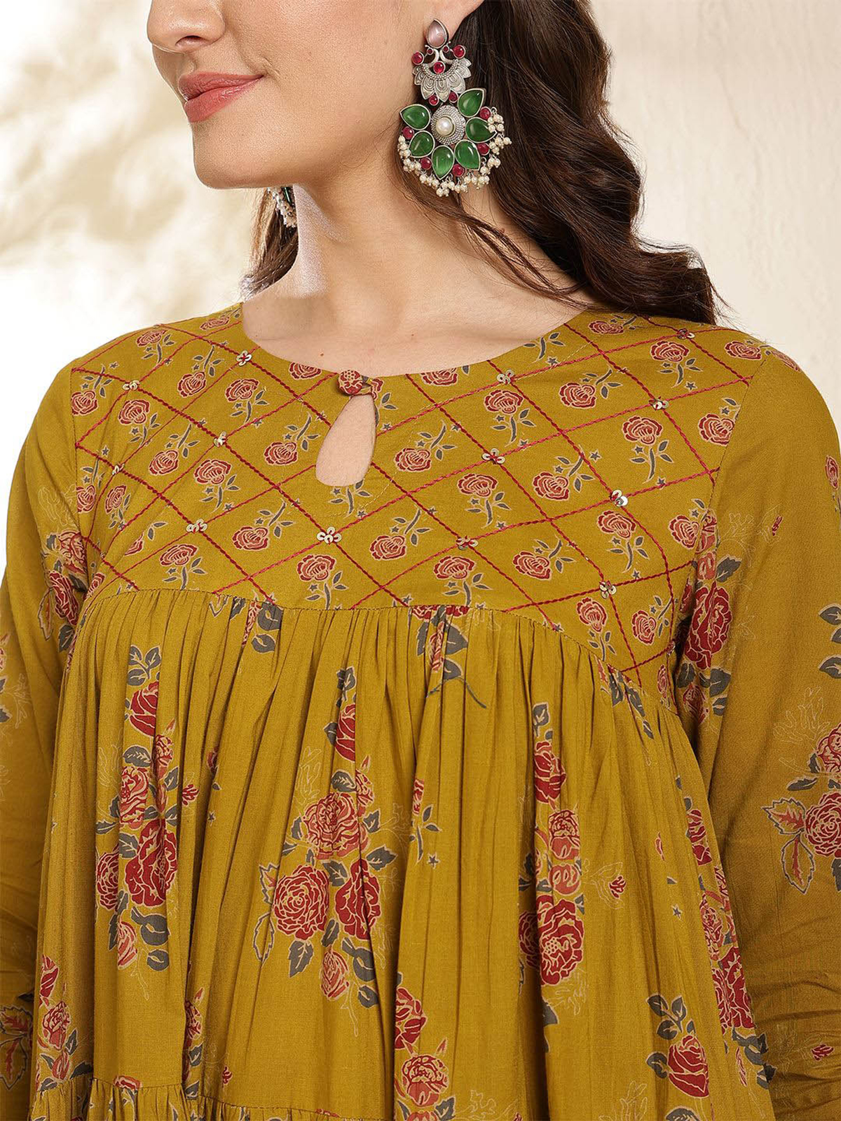 Floral Printed Keyhole Neck Anarkali Pure Cotton Kurta With Trousers & Dupatta