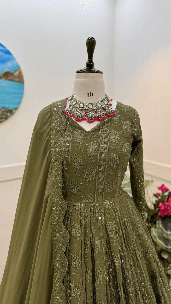 Mehndi Green Fox Georgette Gown