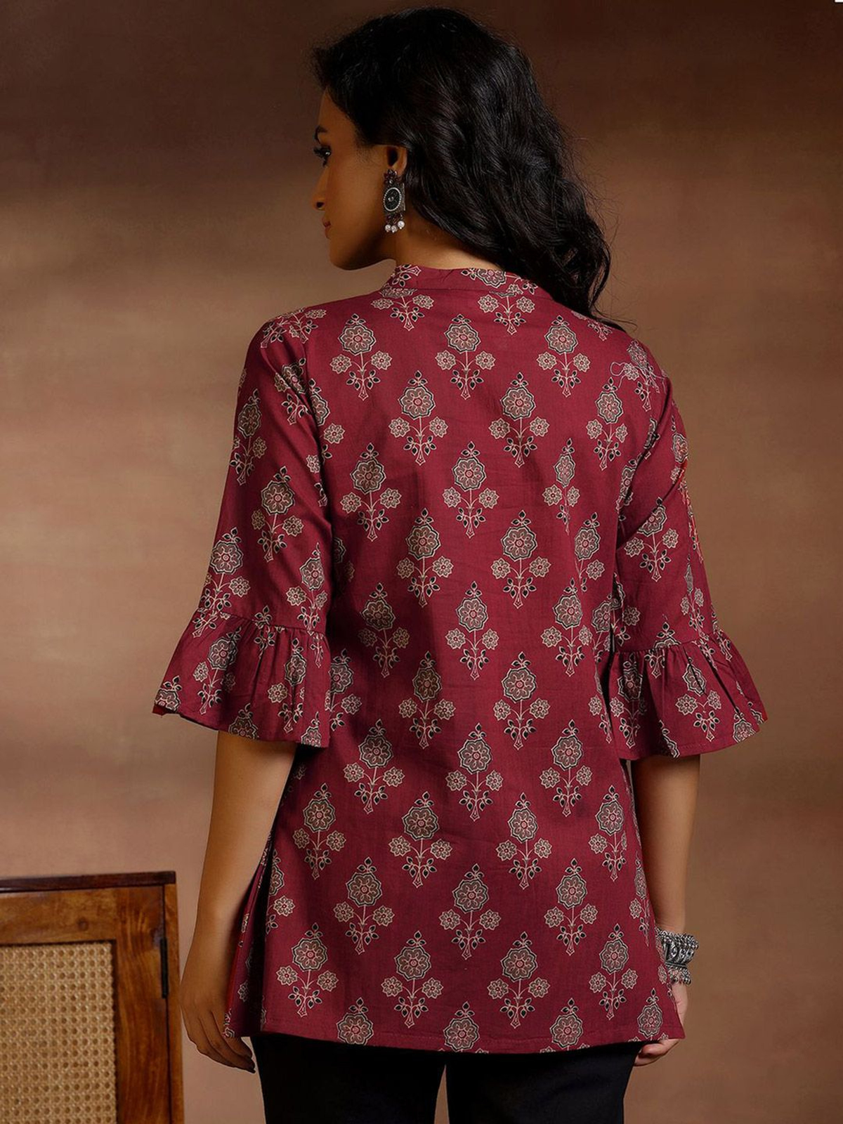 Product title: Women’s Maroon & White Floral Print Cotton A-Line Kurti AROMIE.STORE