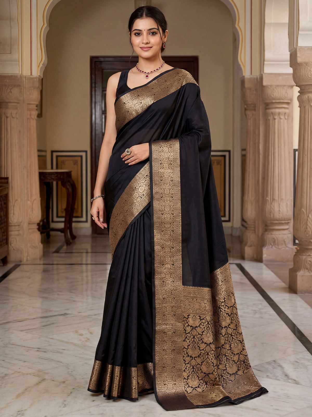 Black Banarasi Silk Blend Saree with Zari Woven Border