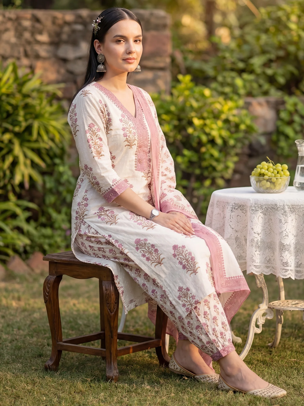 Woman in a floral outfit sitting outdoors with a table and greenery in the background