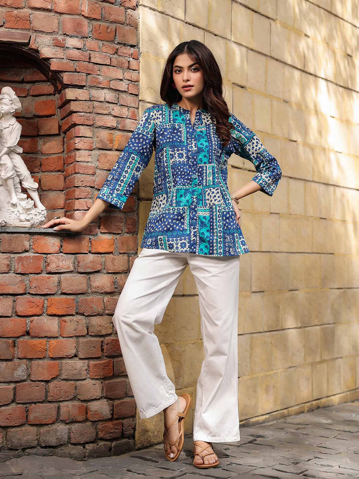 Aromie fusion wear Indian jumpsuit for women blue patchwork print tunic with white palazzo pants
