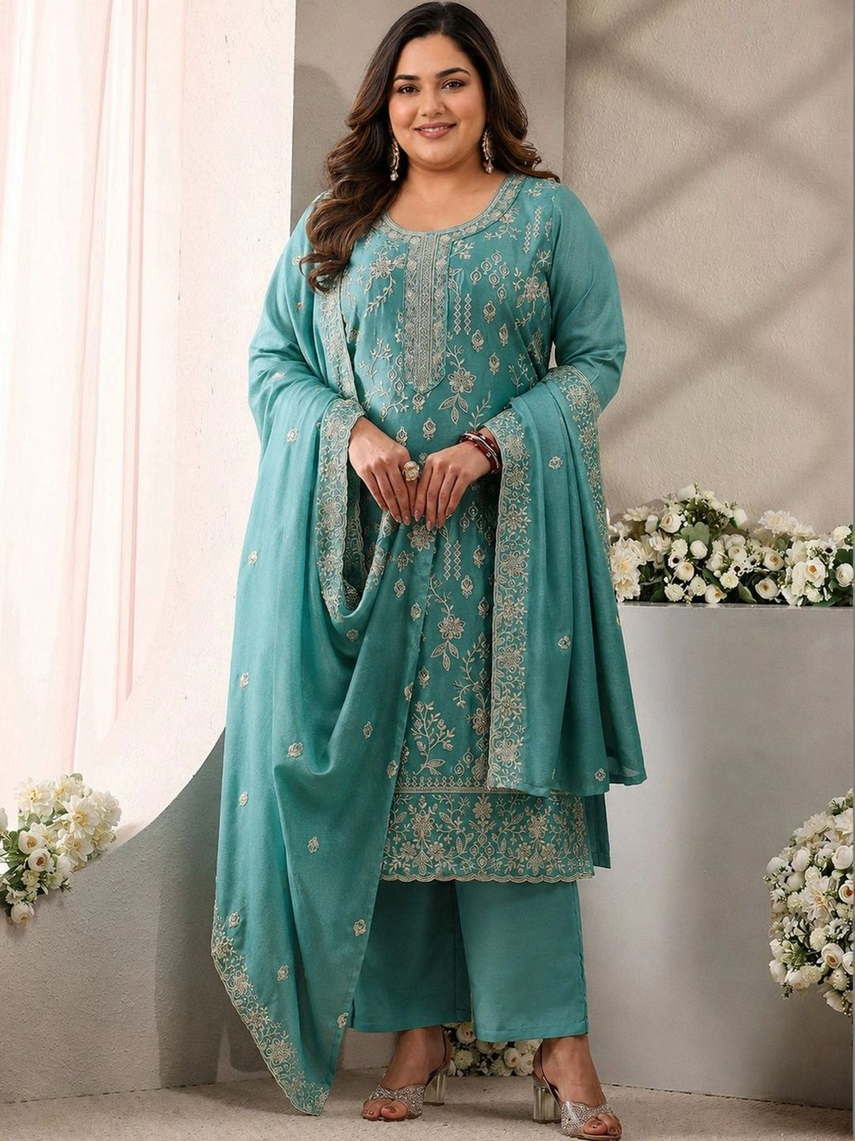 Blue Embroidered Silk Blend Kurta Set with Trousers & Dupatta aromie