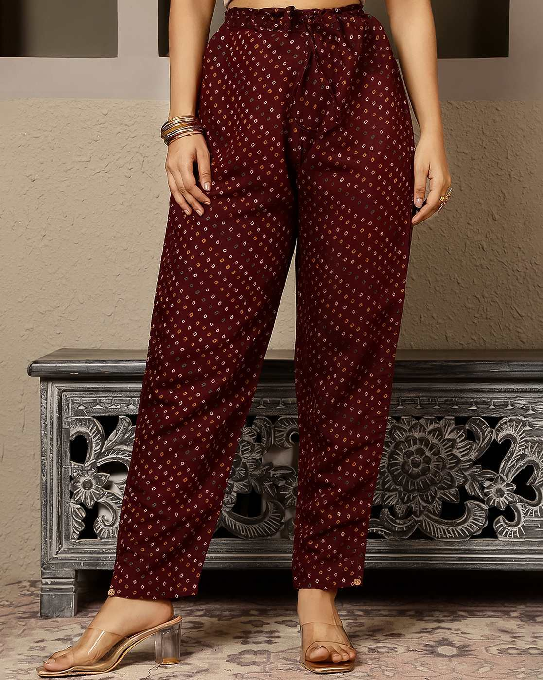 Aromie three piece cotton embroidered kurta set Canada featuring maroon printed pants with comfortable fit