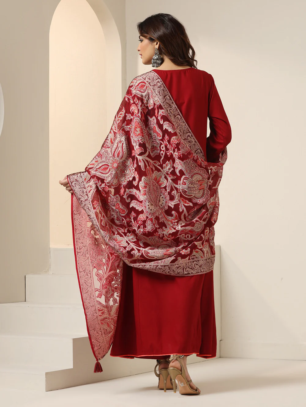 Elegant Maroon Viscose rayon Tieup Neckline Aline kurta set with rich brasso dupatta