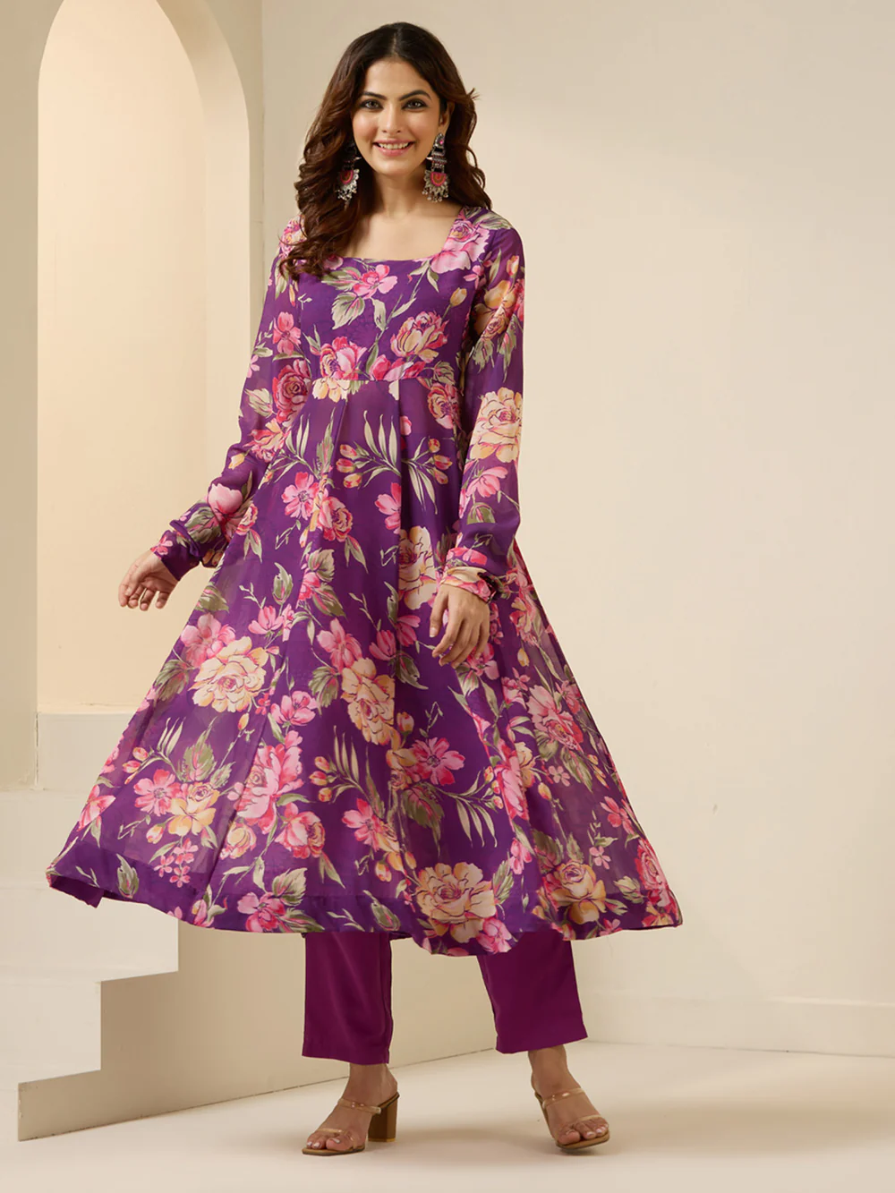 Graceful purple Polyester Printed fit and flare Kurta set with dupatta