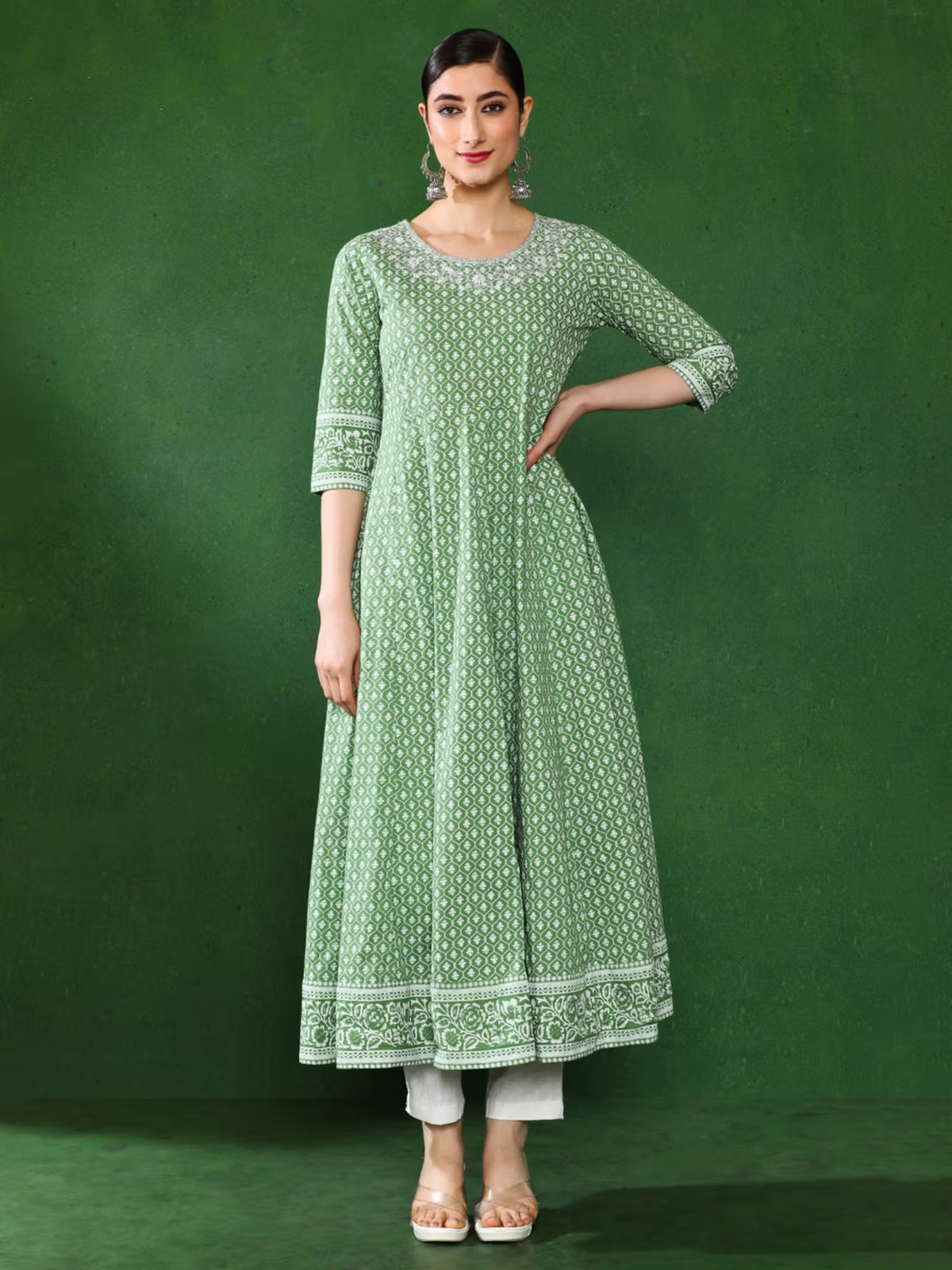 aromie light green printed single piece kurta with three quarter sleeves and flared hem Rayon Kurta Set Canada