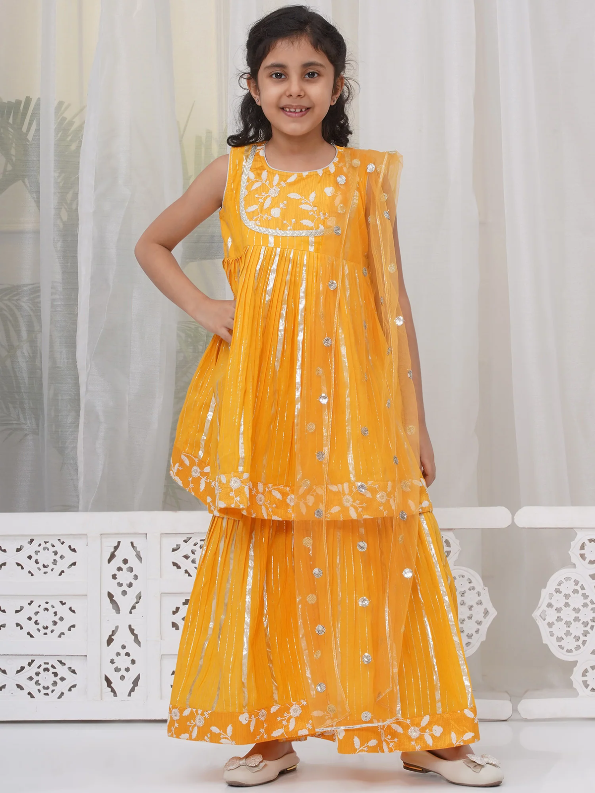 Little Bansi Girls Cotton Three Fourth Sleeves Angrakha Kurta with Sharara and Net Dupatta with Paisley Design Zari Work- Dutch Cream (Copy)