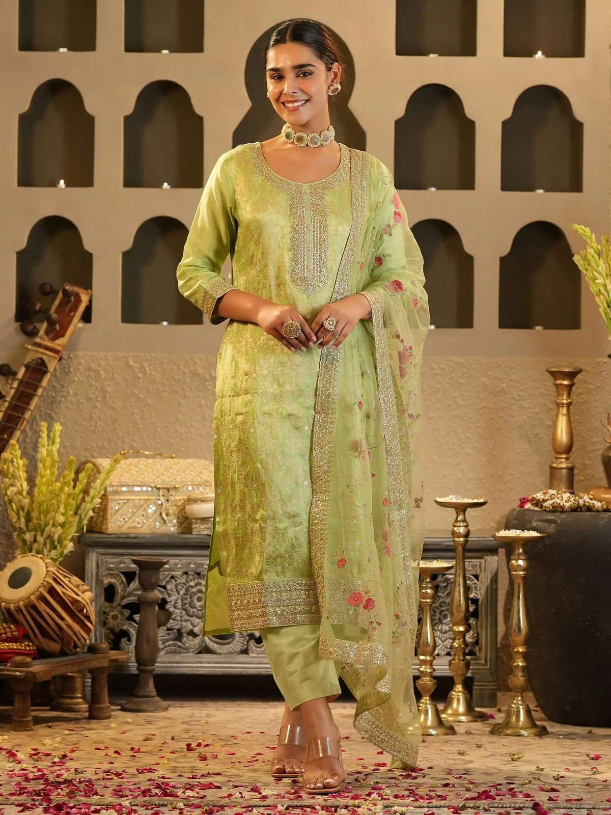 Green Zari Embroidered Kurta Set with Net Dupatta aromie