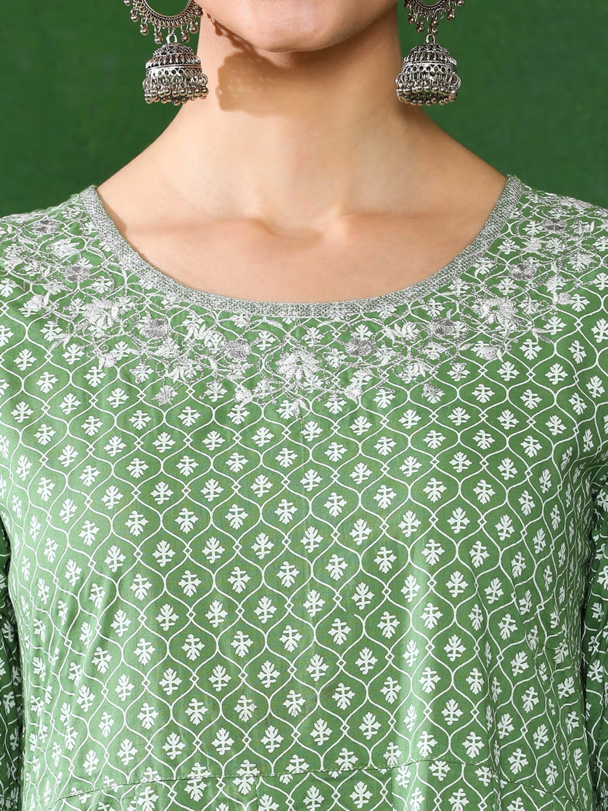 aromie green printed single piece kurta with silver embroidery at neckline and jhumka earrings Rayon Kurta Set Canada