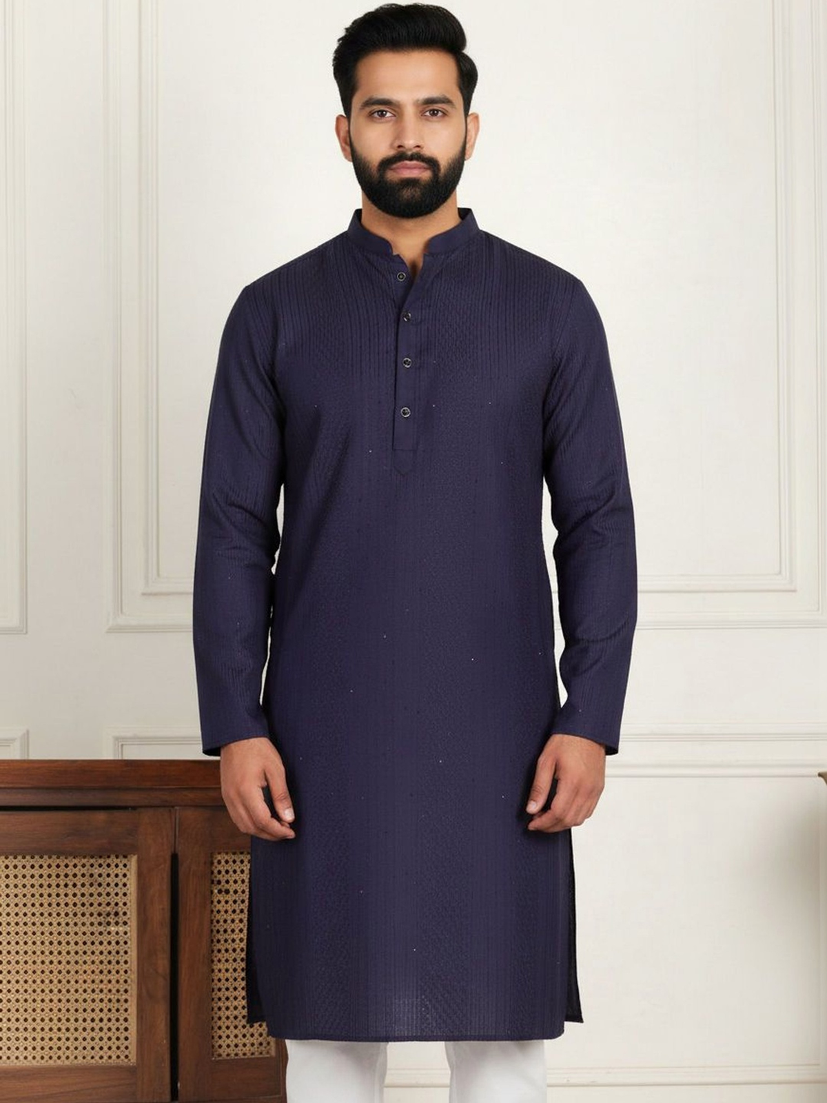 Men’s Navy Blue Textured Pure Cotton Kurta AROMIE | Affordable Indian Clothes & Dresses in Canada