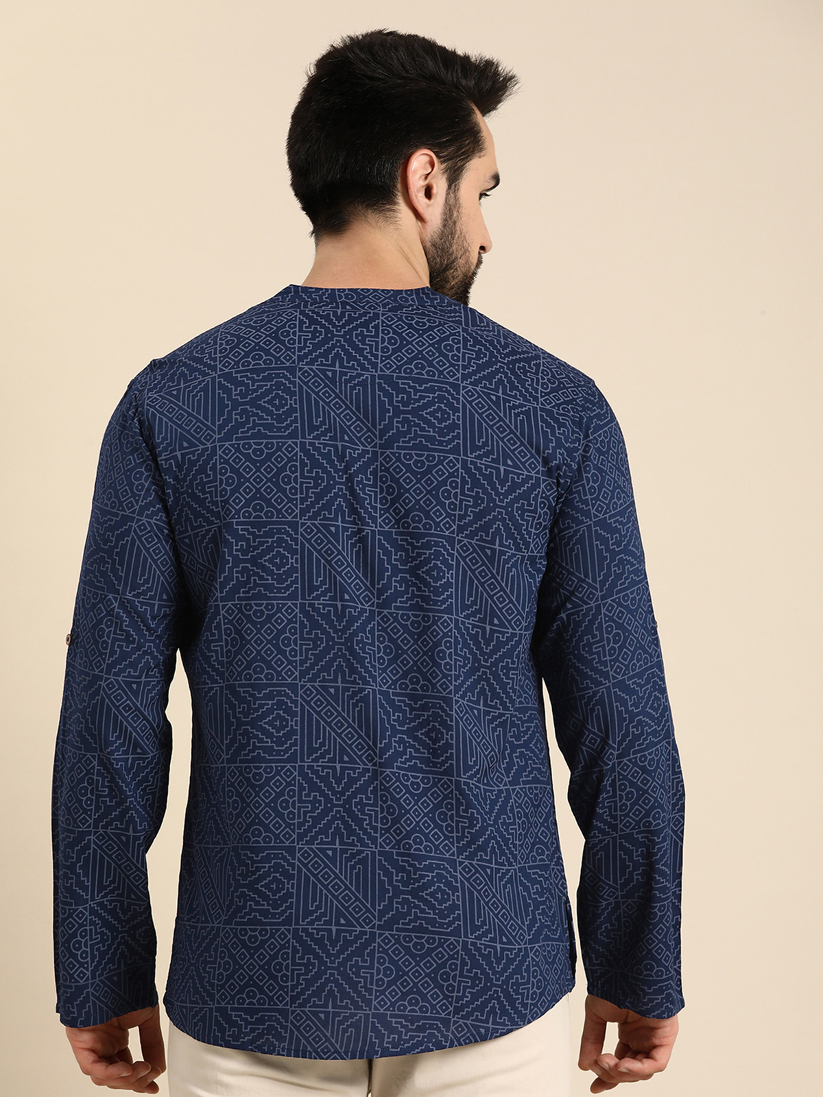Men’s Navy Blue Geometric Print Cotton Short Kurta AROMIE | Affordable Indian Clothes & Dresses in Canada
