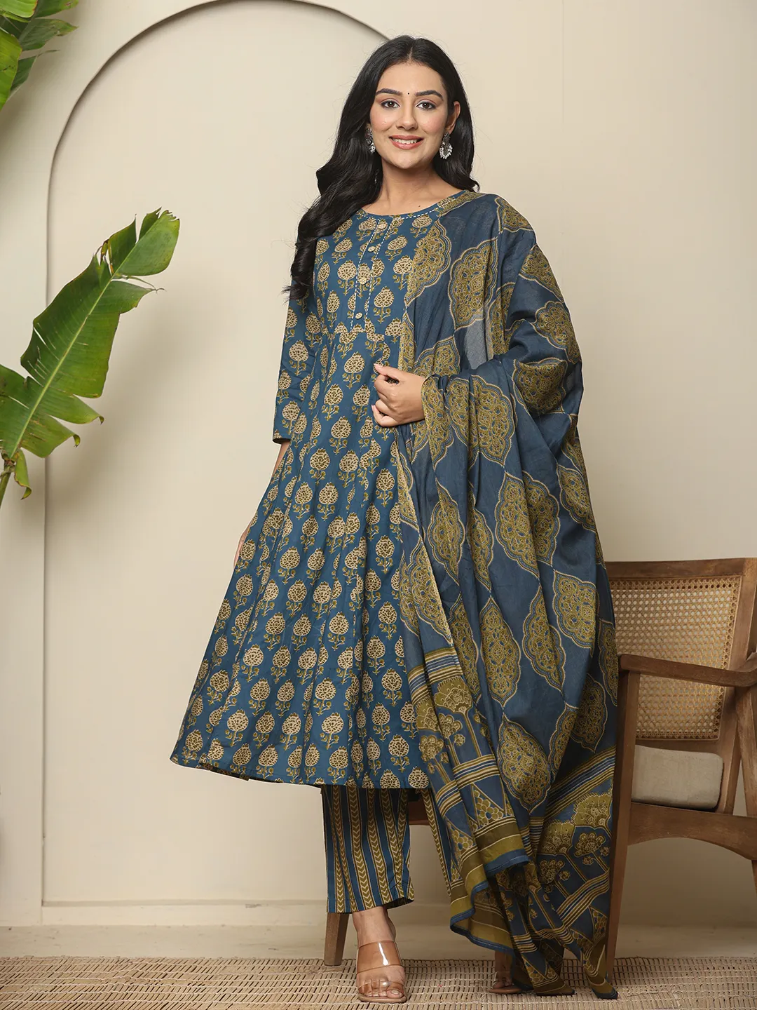 Blue Floral Printed Pure Cotton Maternity Kurta Set with Trousers & Dupatta