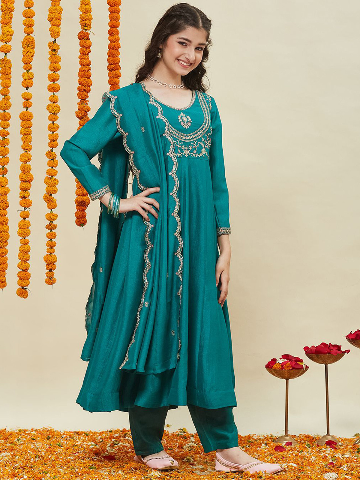 Girls Silk Embroidered Anarkali Kurta and Pant Set with Dupatta