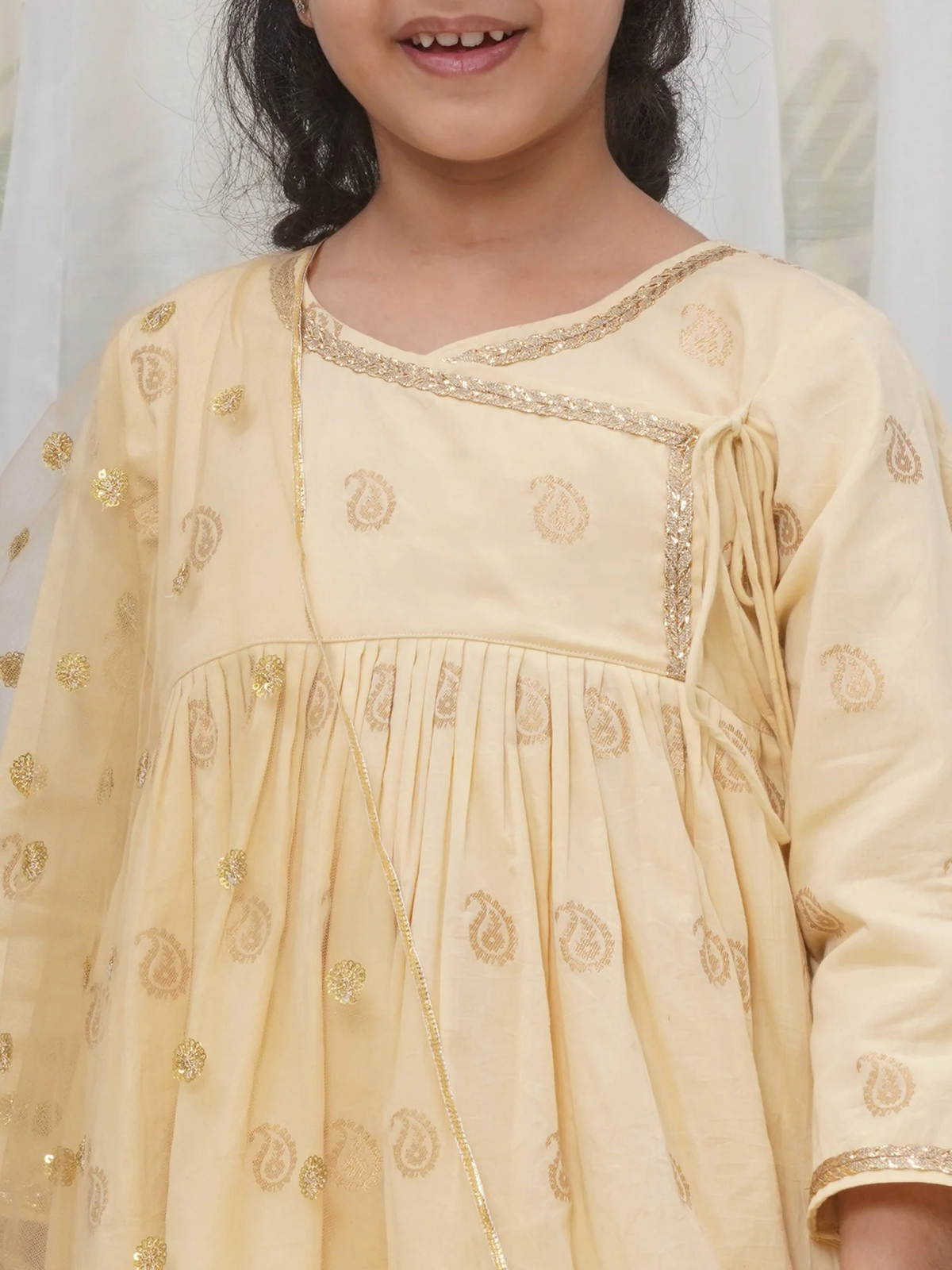 Little Bansi Girls Cotton Three Fourth Sleeves Angrakha Kurta with Sharara and Net Dupatta with Paisley Design Zari Work- Dutch Cream