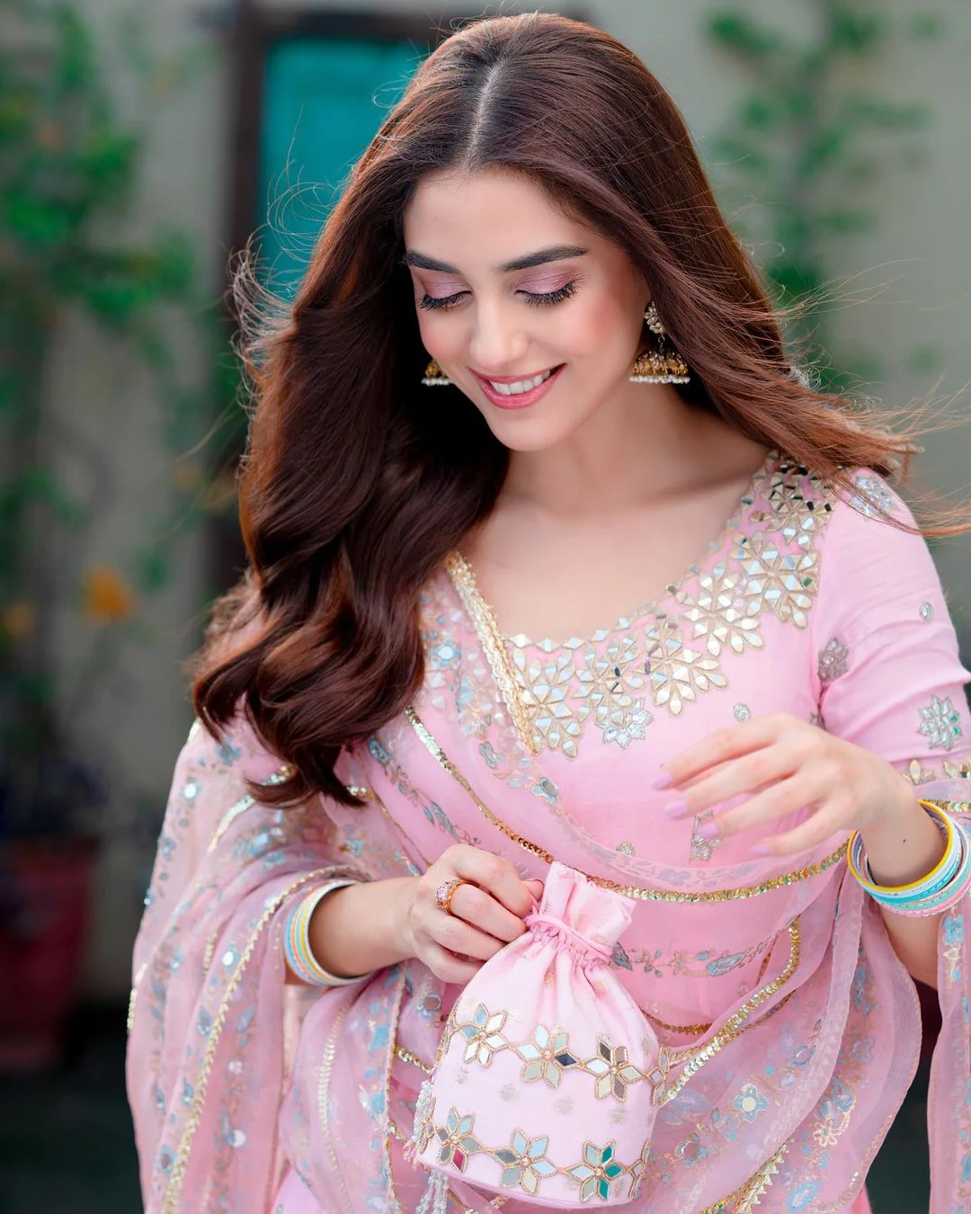 Mahika Pink Chiffon Anarkali Suit Set with Handwork Detailing