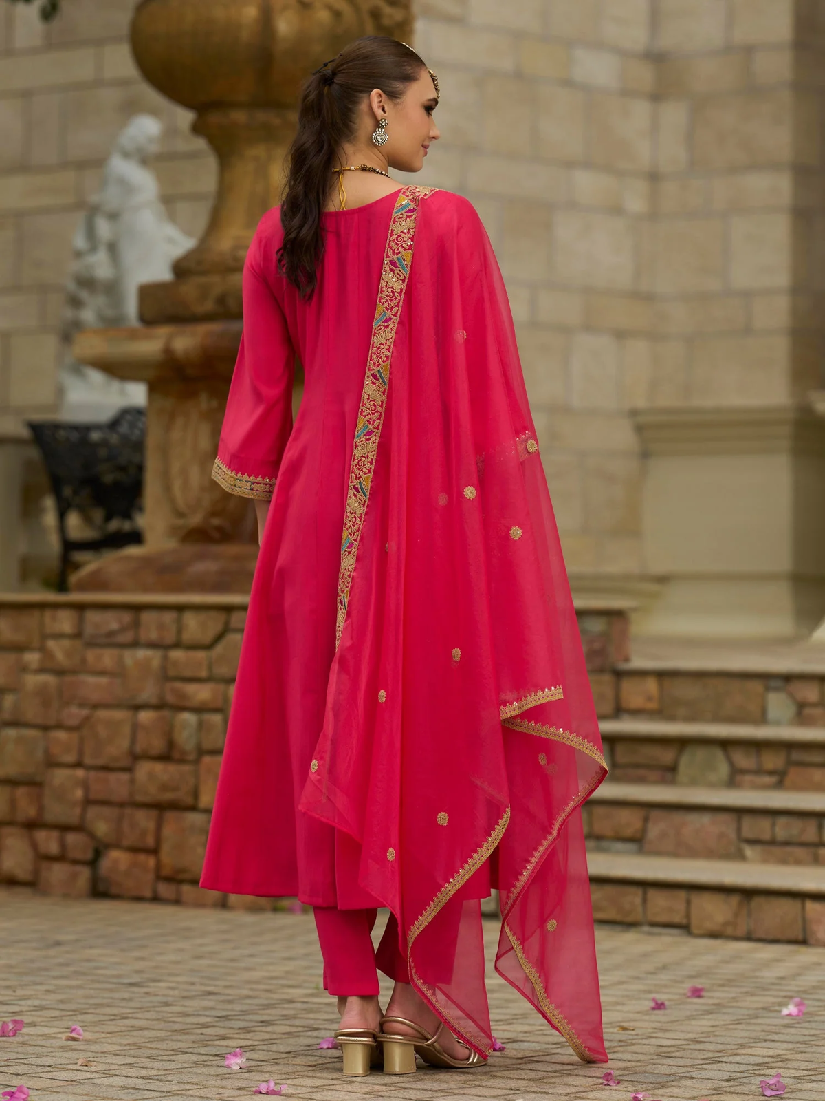 Pink Embroidered Silk Blend A-Line Suit Sets With Dupatta