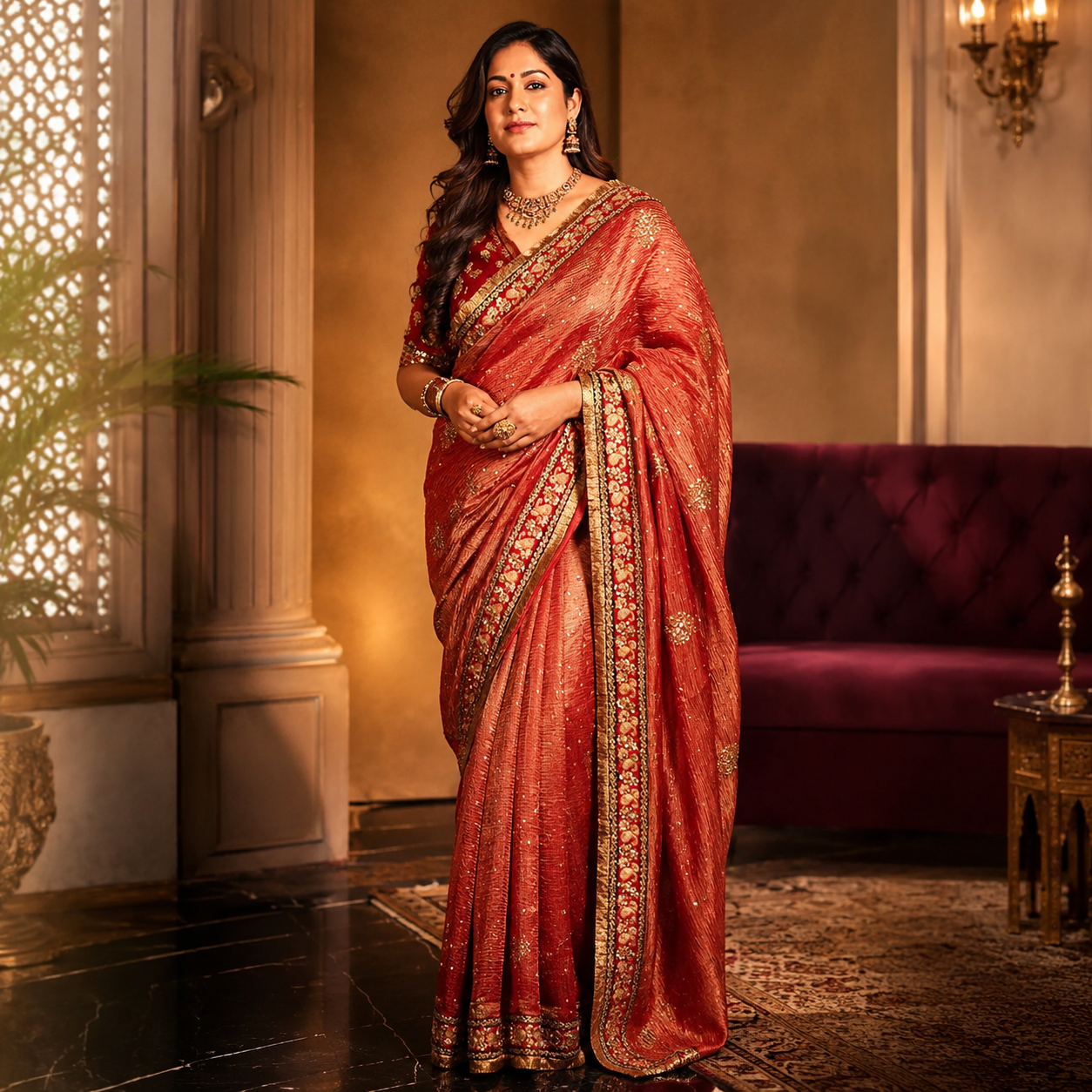 Woman in a red saree with gold patterns standing in an elegant room.