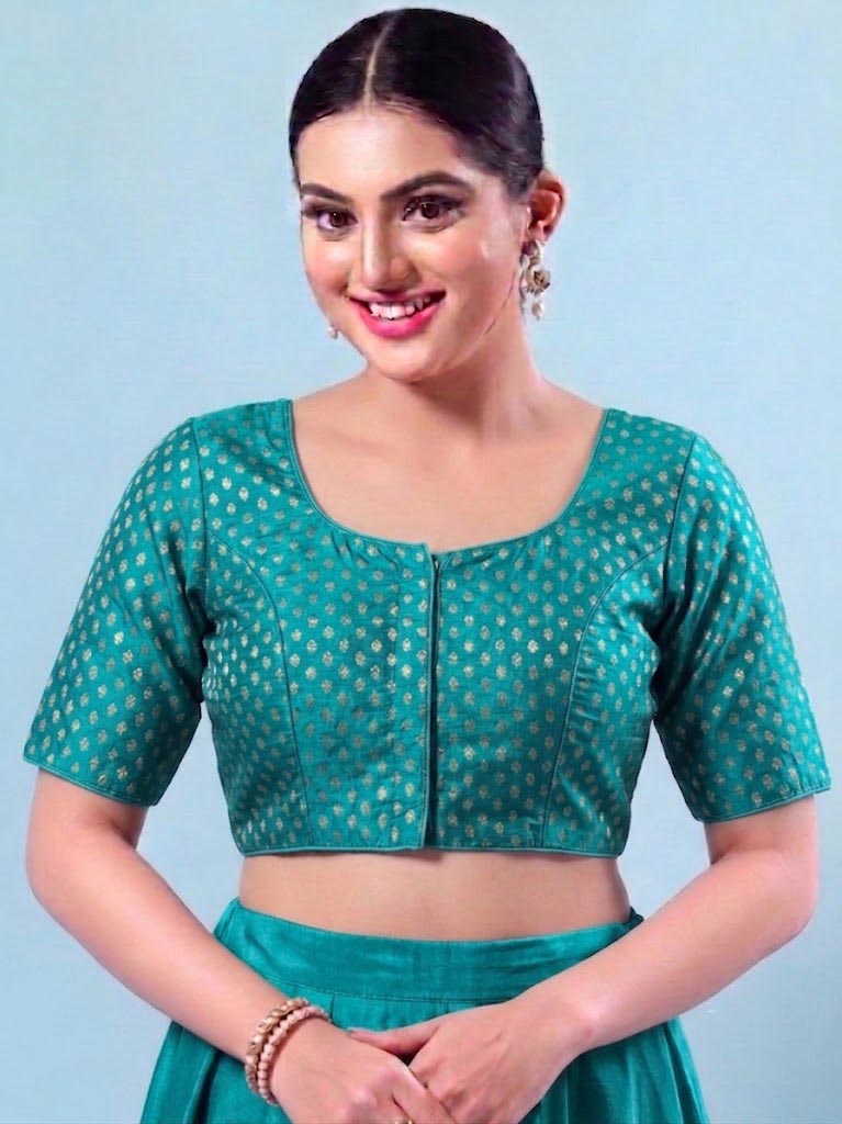 Turquoise blue   Saree Blouse with Elbow Sleeves AROMIE | Affordable Indian Clothes & Dresses in Canada