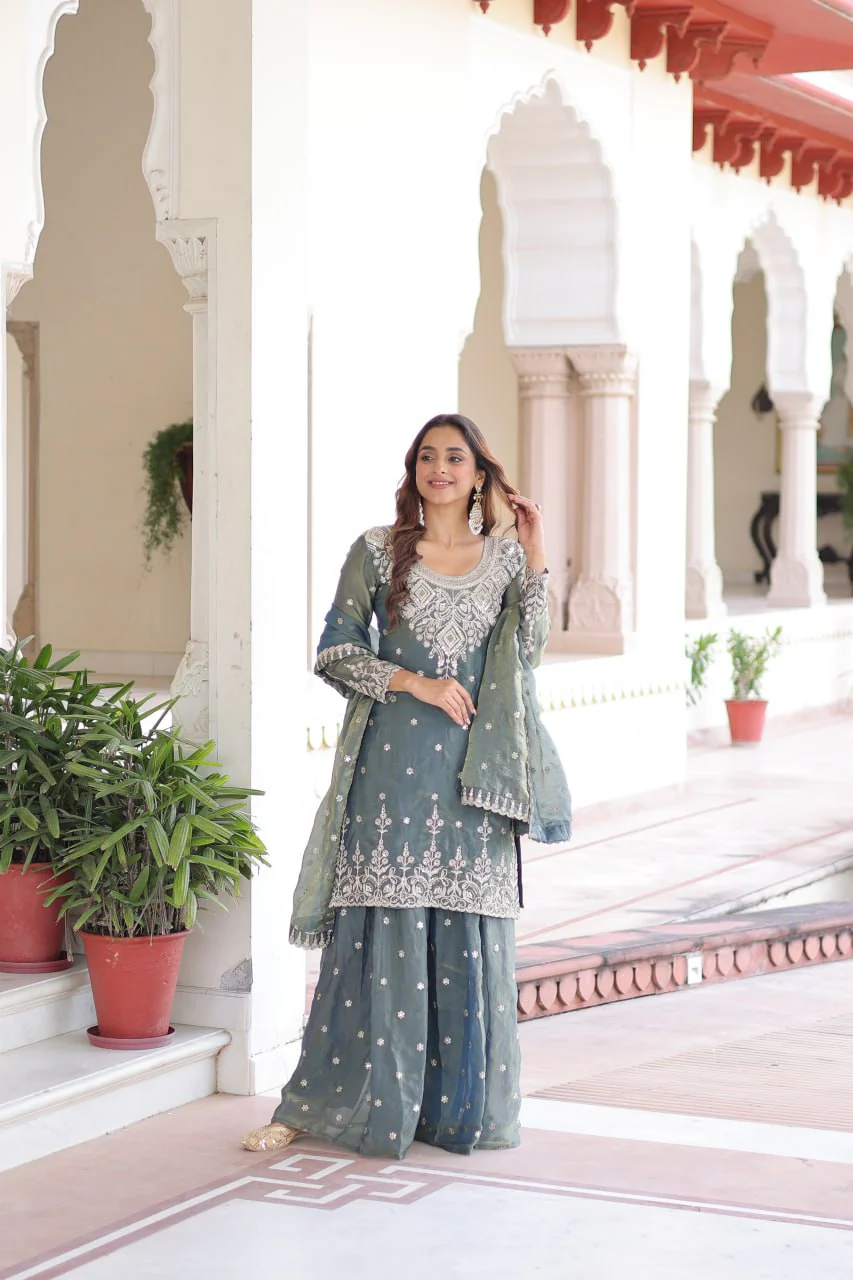 Fendi Silk Embroidered Kurta Sharara Set with Dupatta