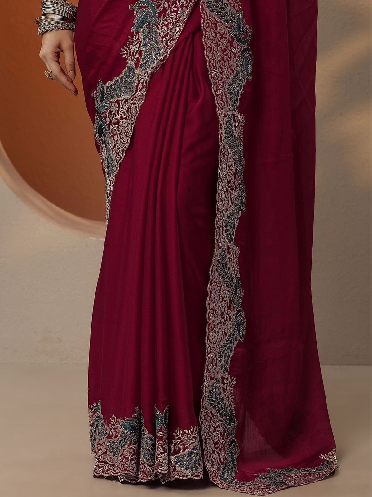 Red Chiffon Saree with Embroidered Border aromie