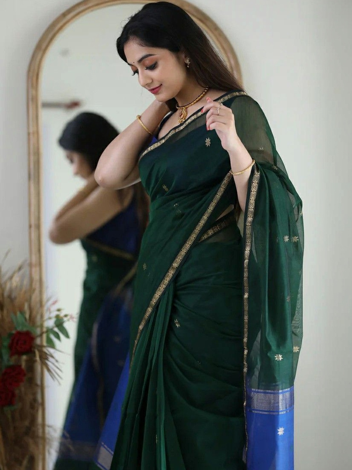 Navy Blue Solid Ready-to-Wear Saree with U-Neck Blouse