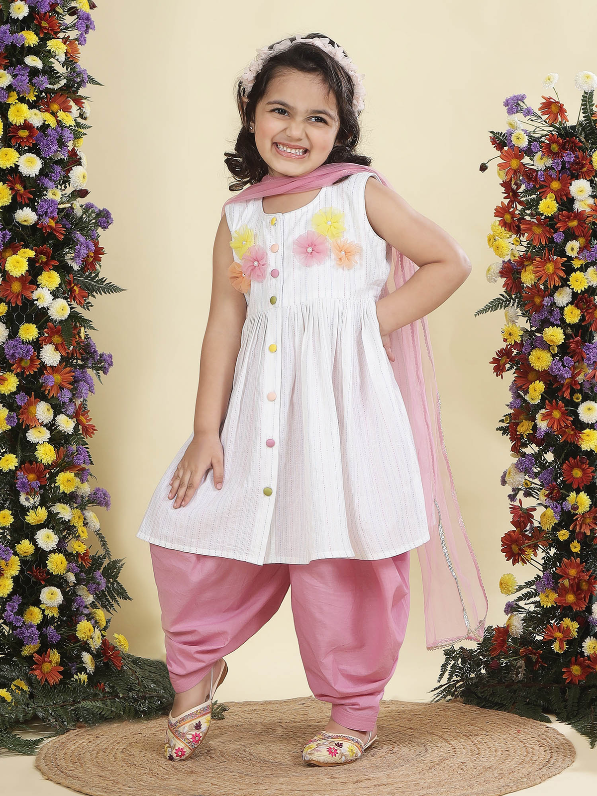 Multi Color Striped Floral handwork Cotton Kurta Salwar Set