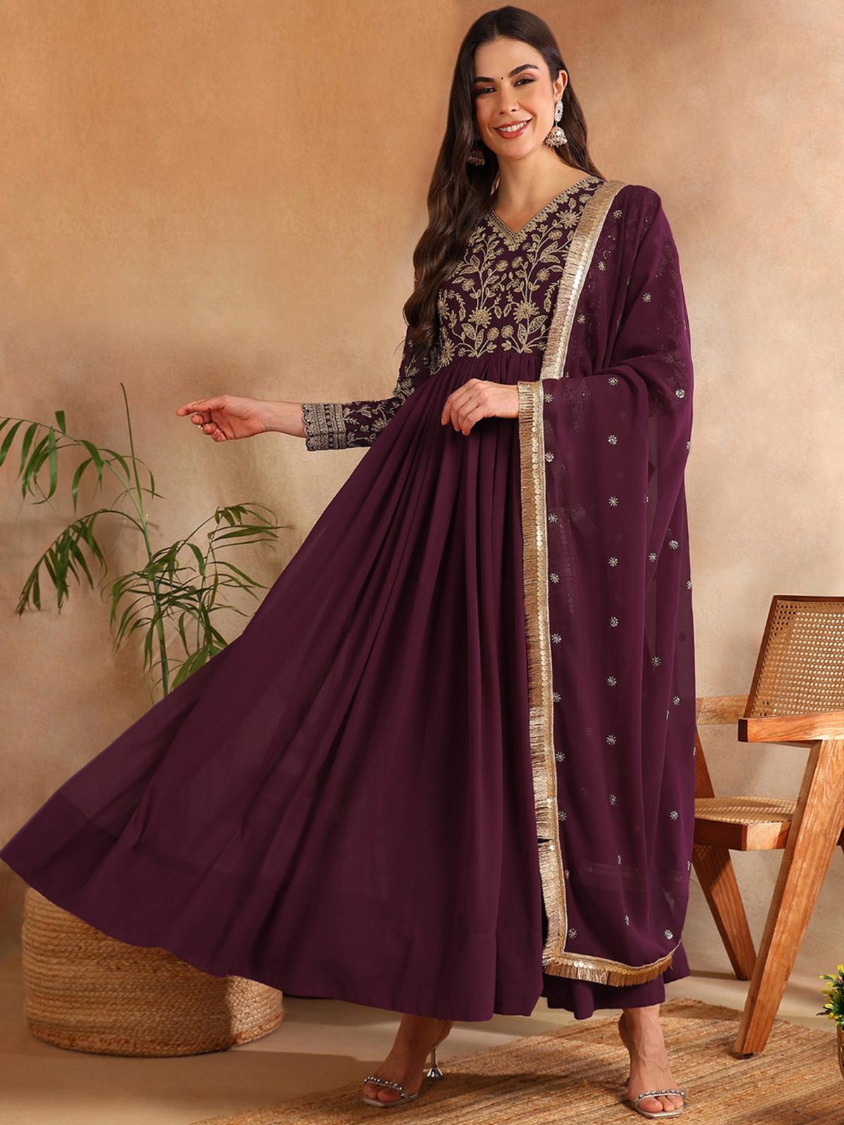 Floral Embroidered Georgette Gown Ethnic Dress & Dupatta