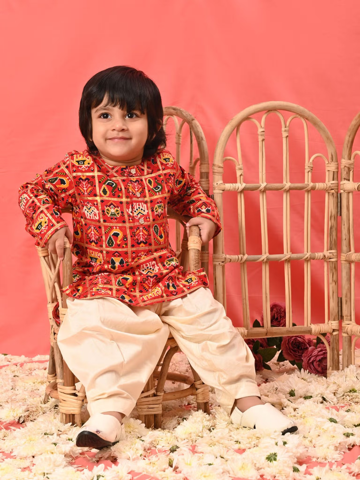 Infant Boys Red Rayon Kurta Patiala (Set of 2)