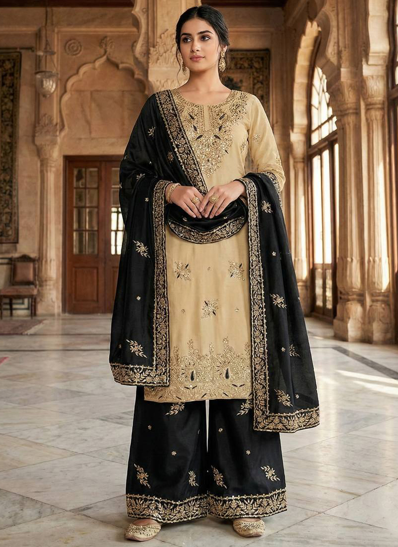 Cream Jimmy Silk Sequins Work Salwar Suit