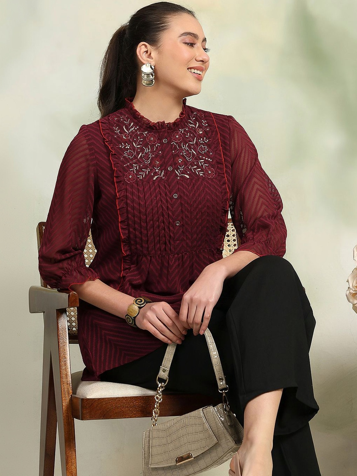 Women’s Maroon Georgette Kurti with Thread Work AROMIE.STORE