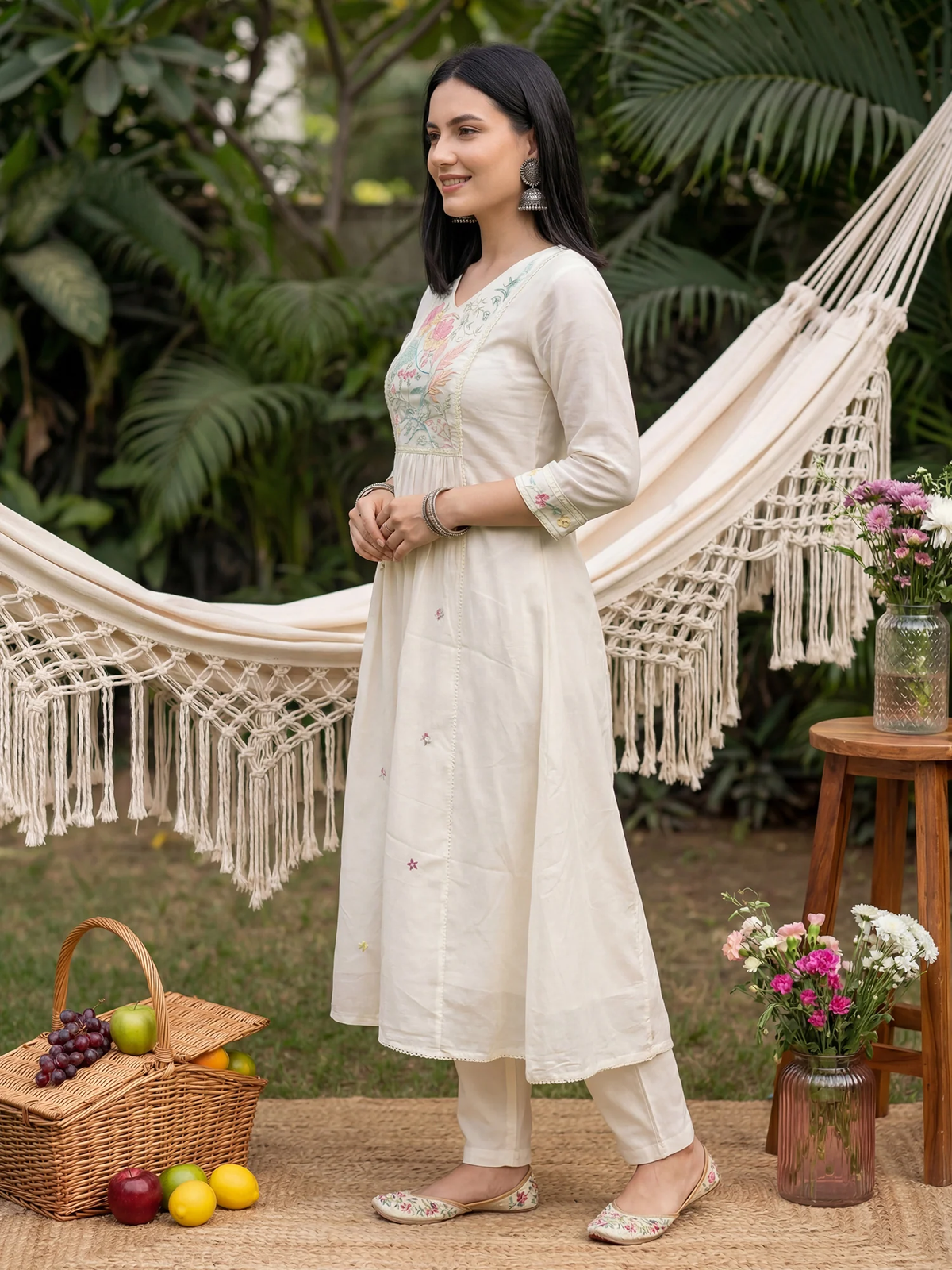 Embroidered A-Line Kurta Set with Trousers & Dupatta | Pure Cotton